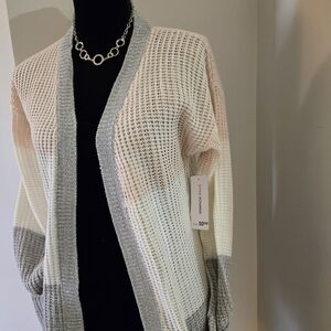 Pink Rose Women's Striped Cardigan - Gray and Cream